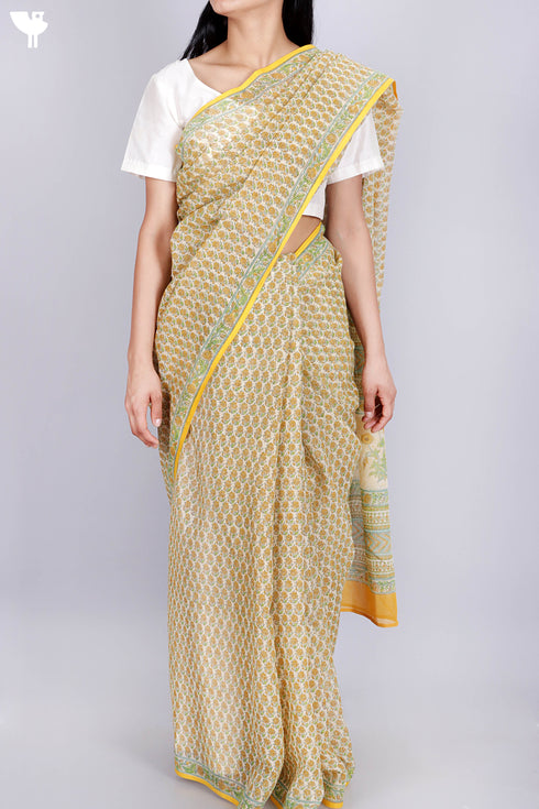 Kota Doria Saree In Floral Block Print